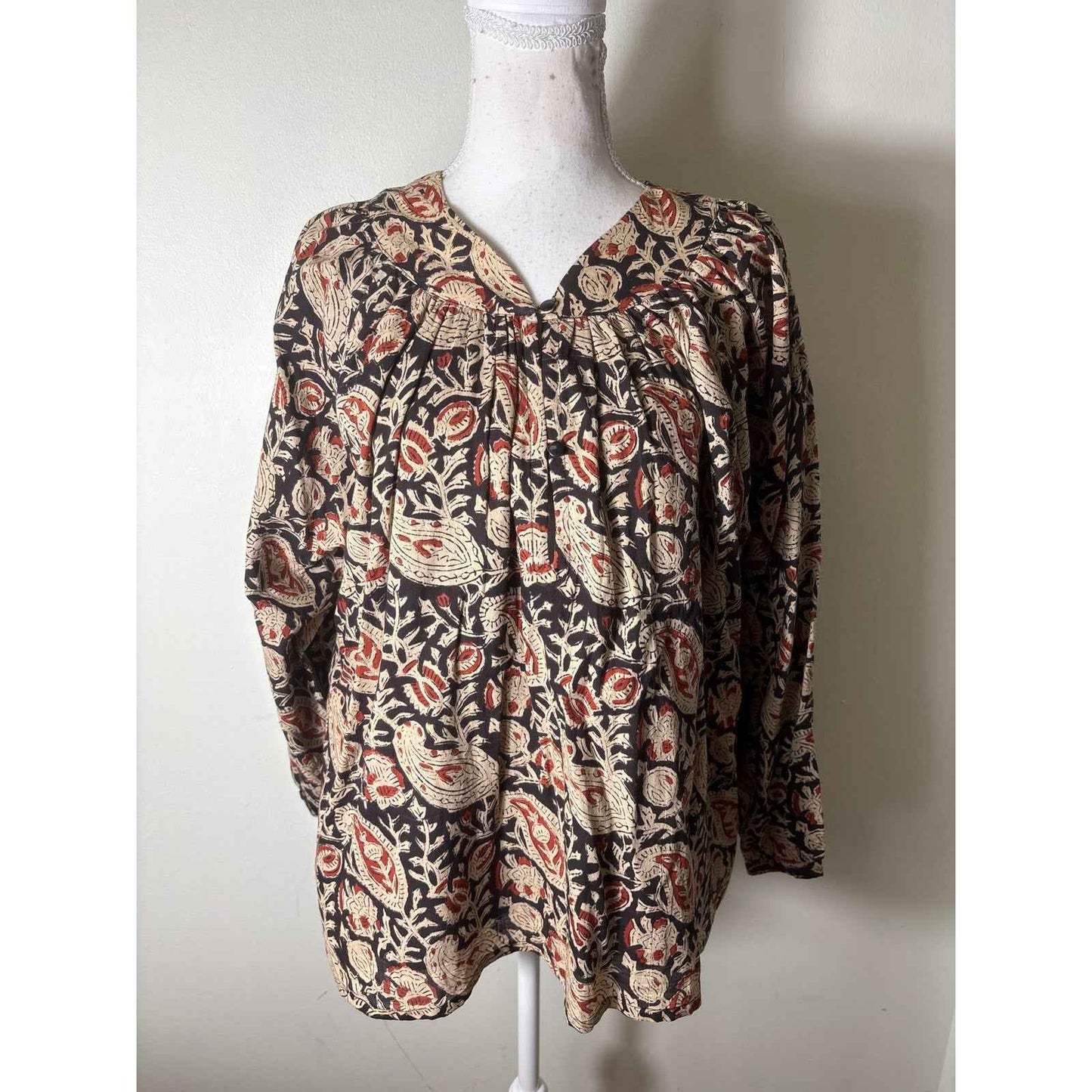 India Collection Black Tan Long Sleeve Cotton Top Sz S