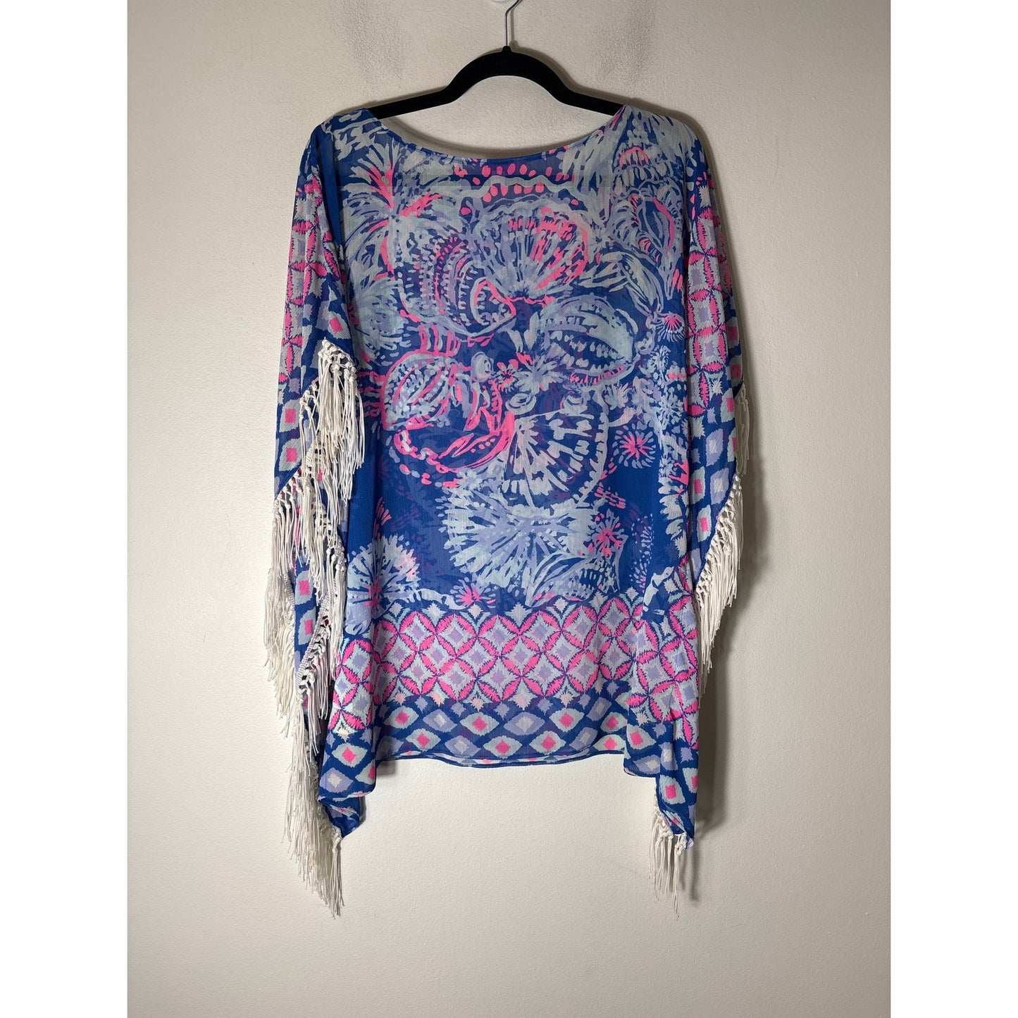 Lilly Pullitzer Blue and Pink Fringed Sheer Poncho Sz M