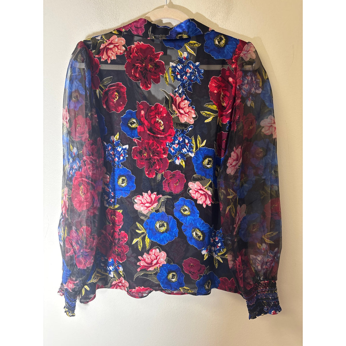WHBM Sheer Black Floral Blouse Sz M