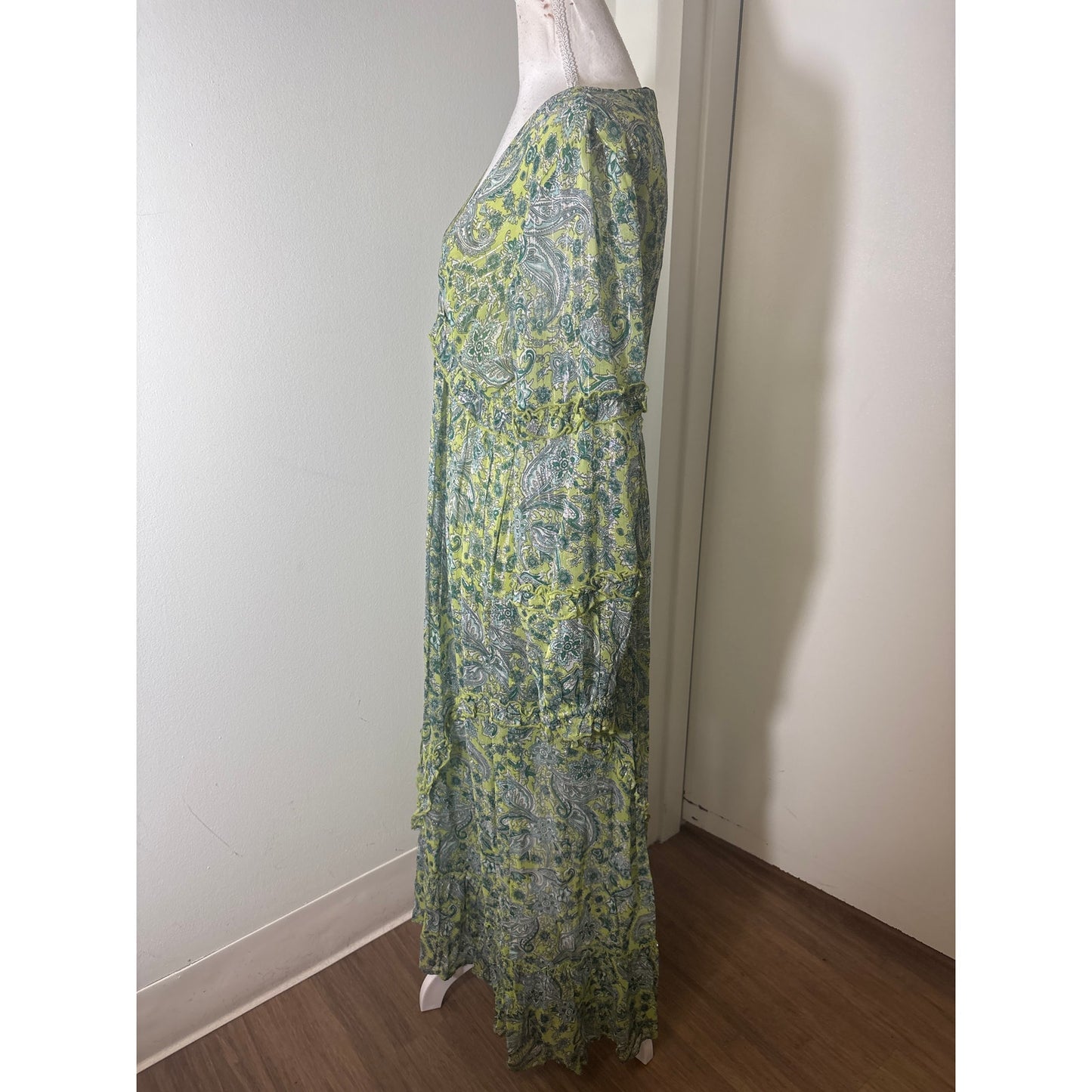 Ranna Gill Green Paisley With Silver Thread Maxi Dress Sz S
