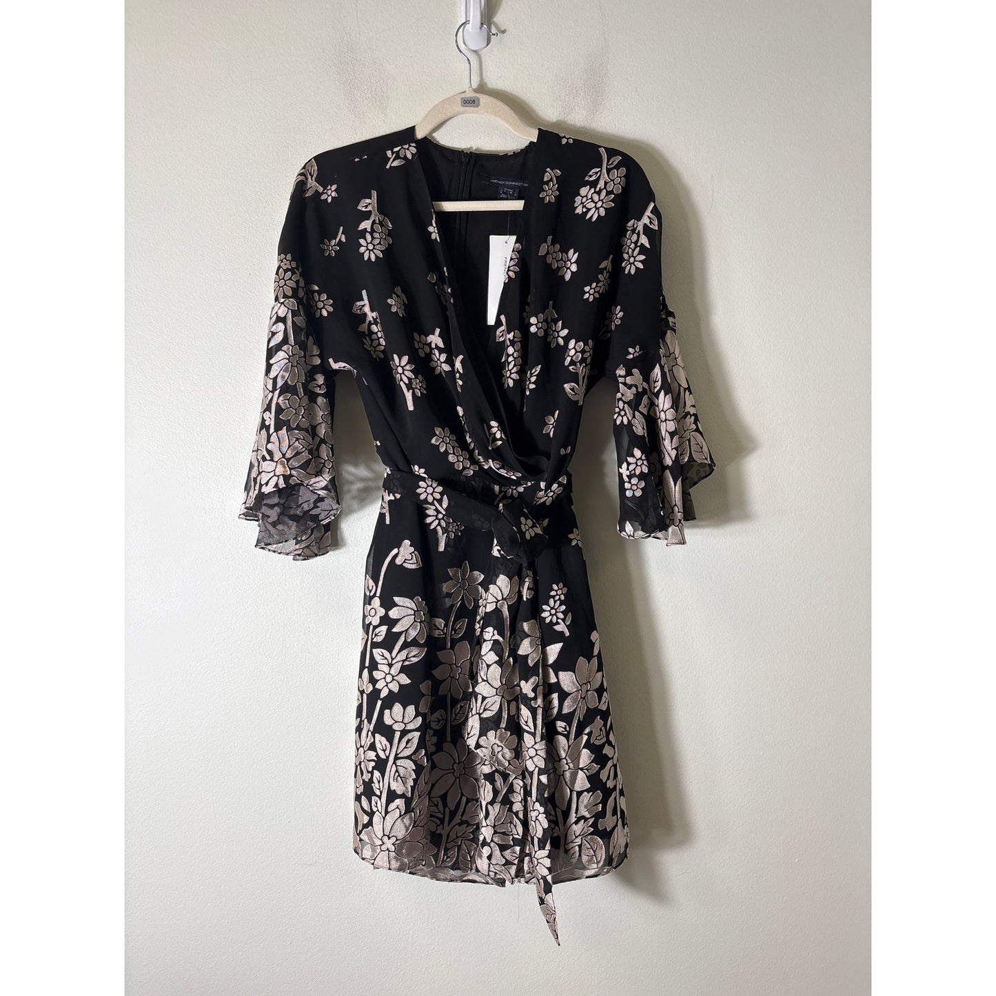 NWT French Connection Black and Cream Sheer Flutter Sleeve Dress Sz L