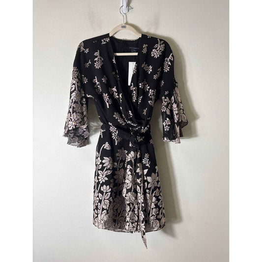 NWT French Connection Black and Cream Sheer Flutter Sleeve Dress Sz L