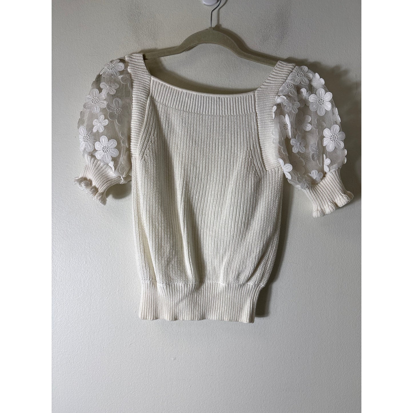 French Connection Off White Mixed Media Short Sleeve Knit Sweater Sz XS