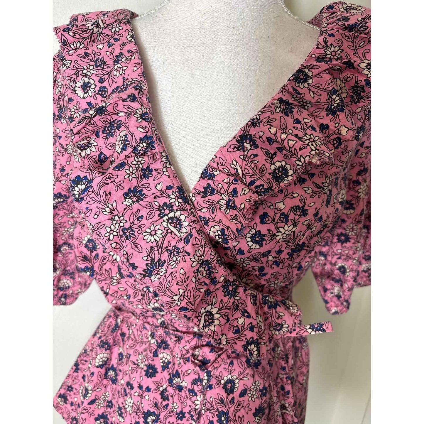 Roller Rabbit Pink Navy Half Sleeve Cotton Wrap Shirt Sz S
