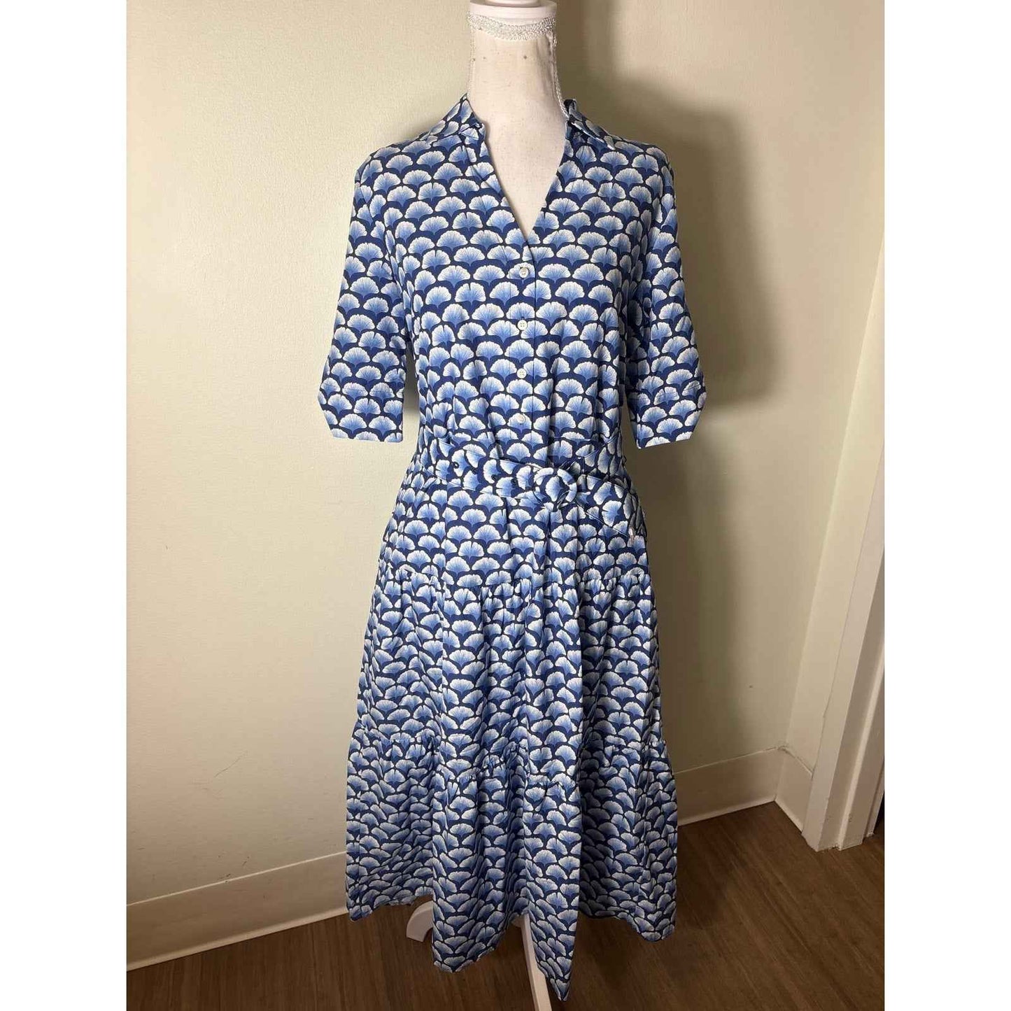 J. McLaughlin Blue White Leaf Print Half Sleeve Maxi Dress Sz S