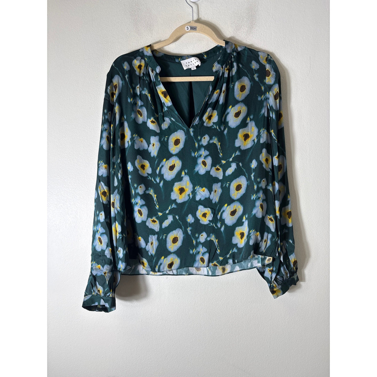 Tanya Taylor Green Floral long Sleeve V-Neck Silk Top Sz M