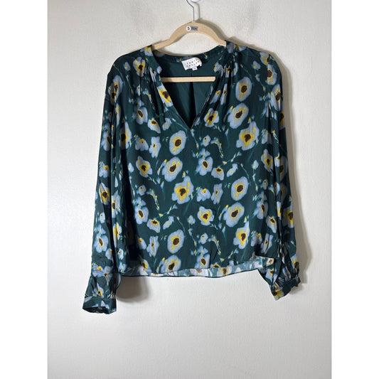 Tanya Taylor Green Floral long Sleeve V-Neck Silk Top Sz M