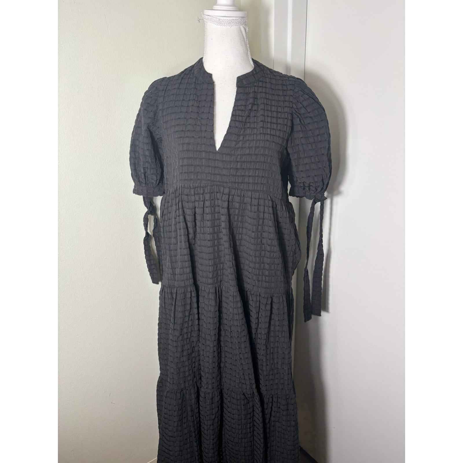 English Factory Black Puff Sleeves with Ties Maxi Dress Sz S