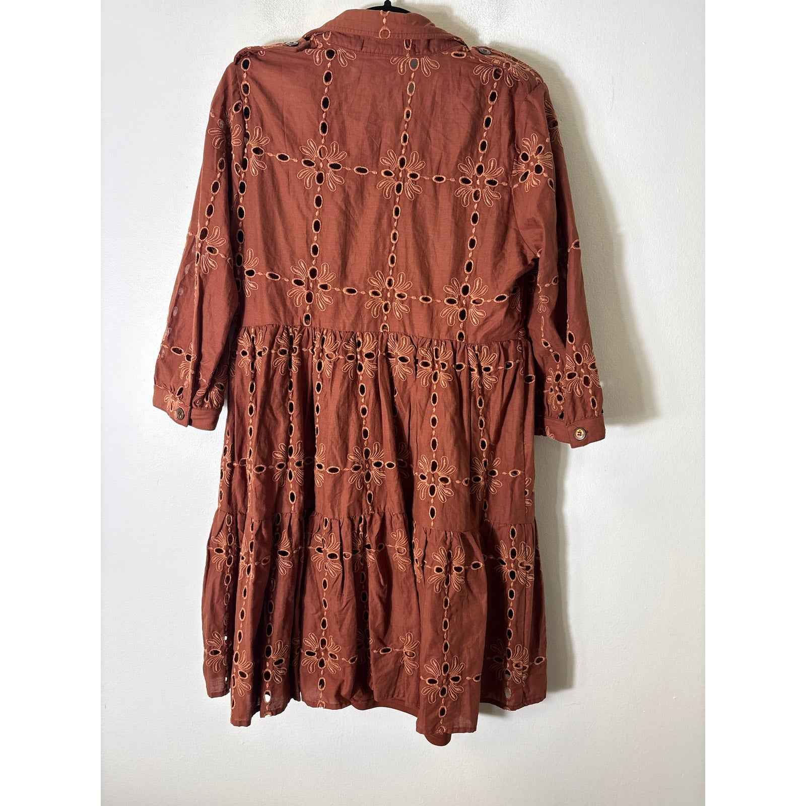 Eva Franco Brown Eyelet Tiered Half Sleeve Mini Dress Sz S