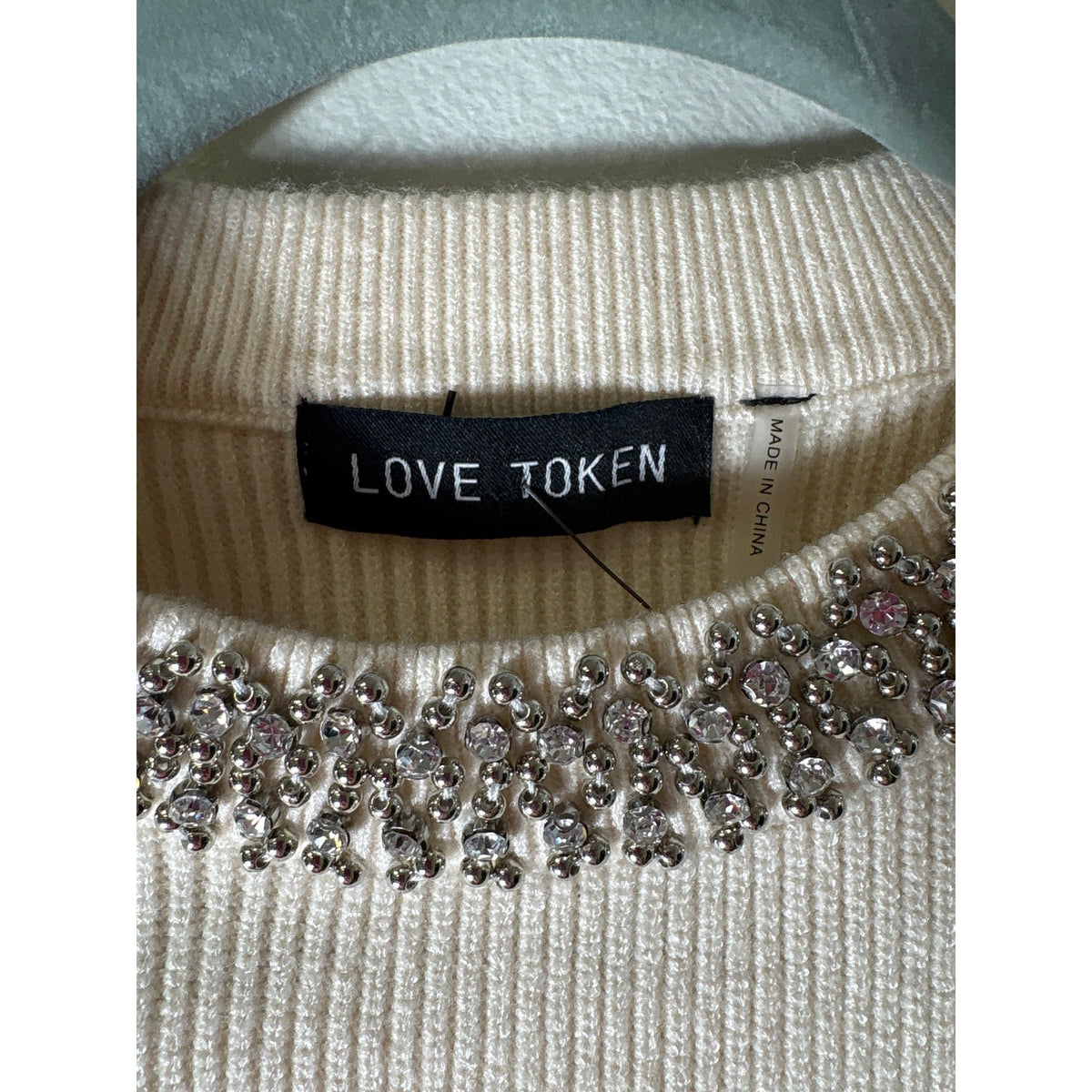 Love Token Cream Ribbed Jewel Trimmed Neckline Sweater Sz S
