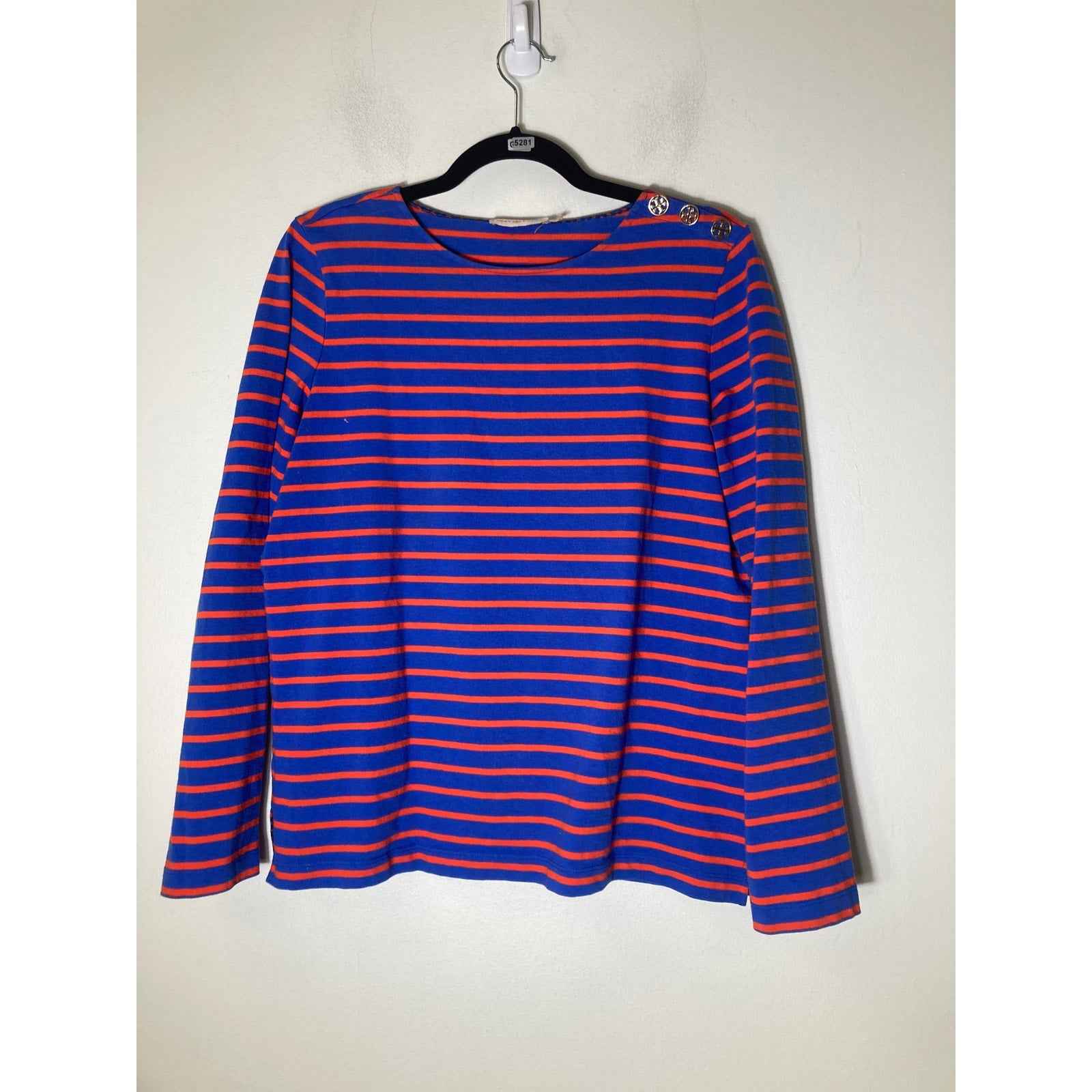 Tory Burch Blue Orange Stripe Cotton Long Sleeve Shirt Sz L
