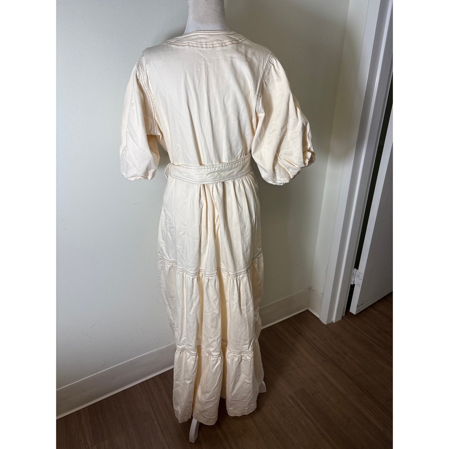 Marie Oliver Cream Denim Puff Sleeve Wrap Maxi Dress Sz L