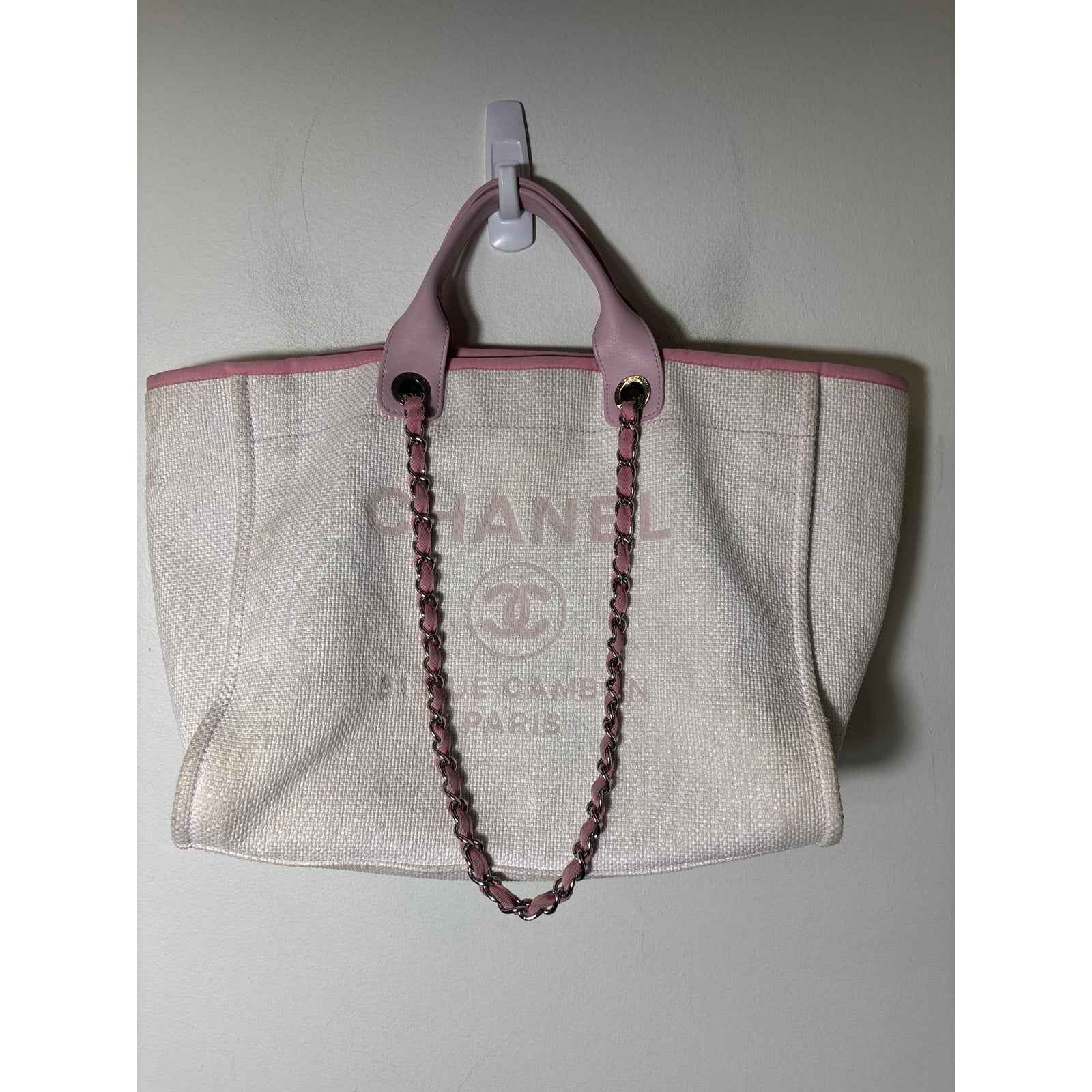 Chanel Deauville Shopping Tote Light Pink Raffia and Canvas Silver Hardware