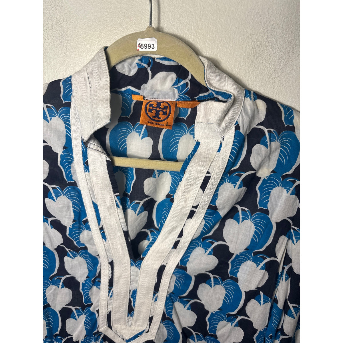 Tory Burch Blue Black Leaf Print Long Sleeve Cotton Tunic Sz 4
