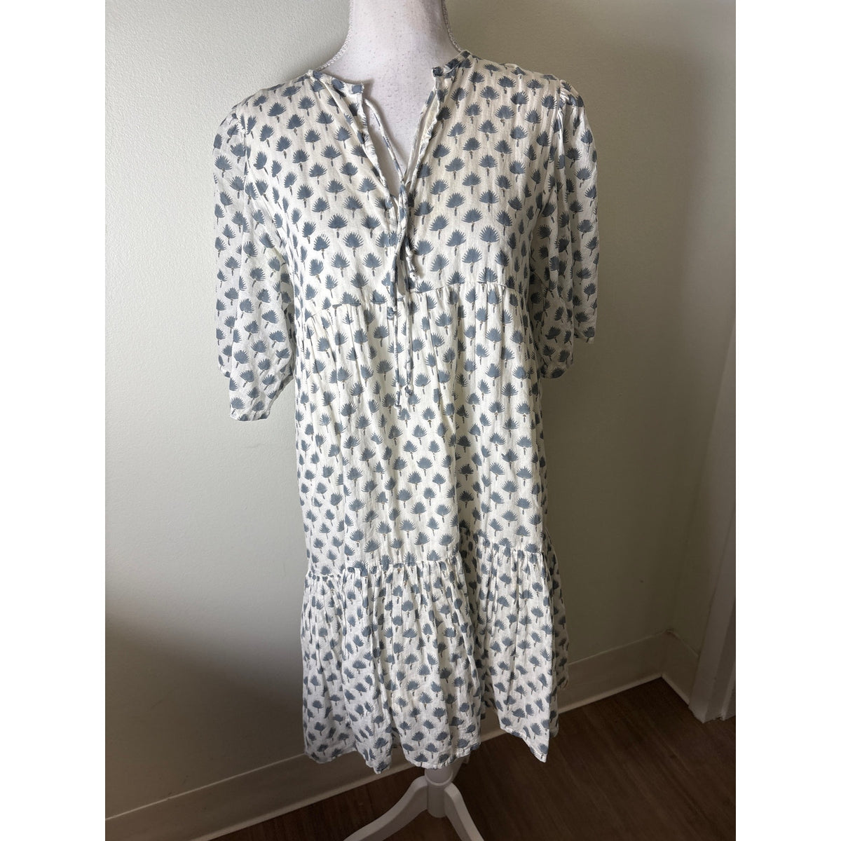 Emerson Fry / India Collection Blue and Cream Palm Block Print Tiered Dress Sz XS/S