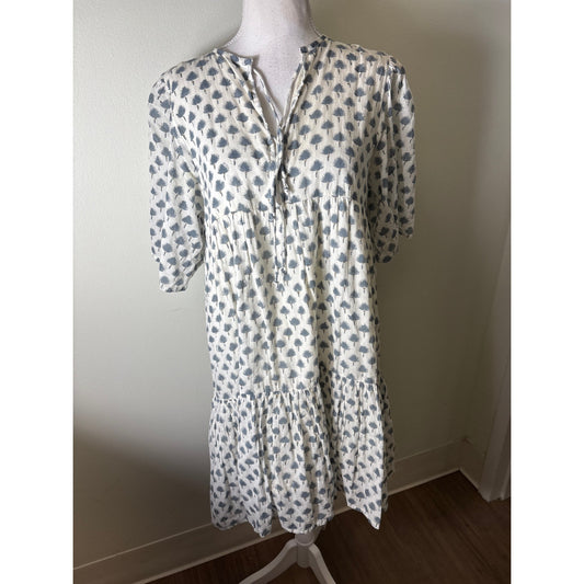Emerson Fry / India Collection Blue and Cream Palm Block Print Tiered Dress Sz XS/S