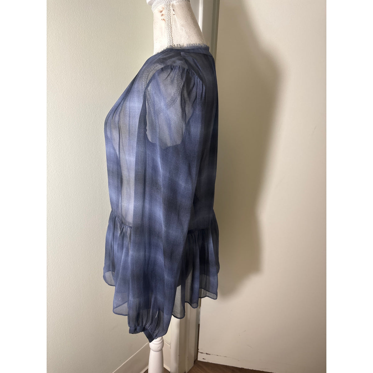 Rebecca Taylor Dusty Navy Long Sleeve Sheer Peplum Top Sz 6