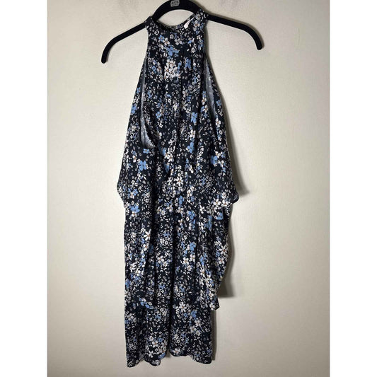 Parker Black Blue Floral Long Sleeve Cold Shoulder Mini Dress Sz S