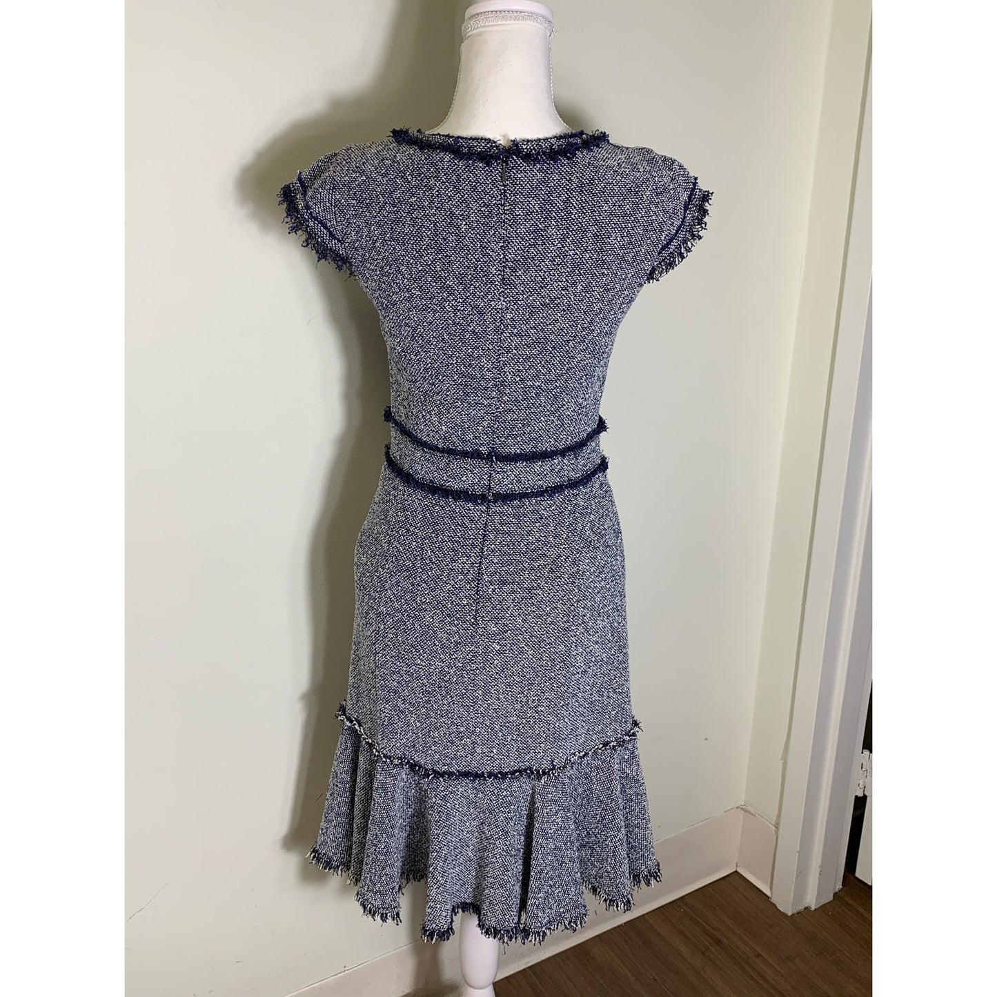 Rebecca Taylor Navy and White Tweed Cap Sleeve Midi Dress Sz 4