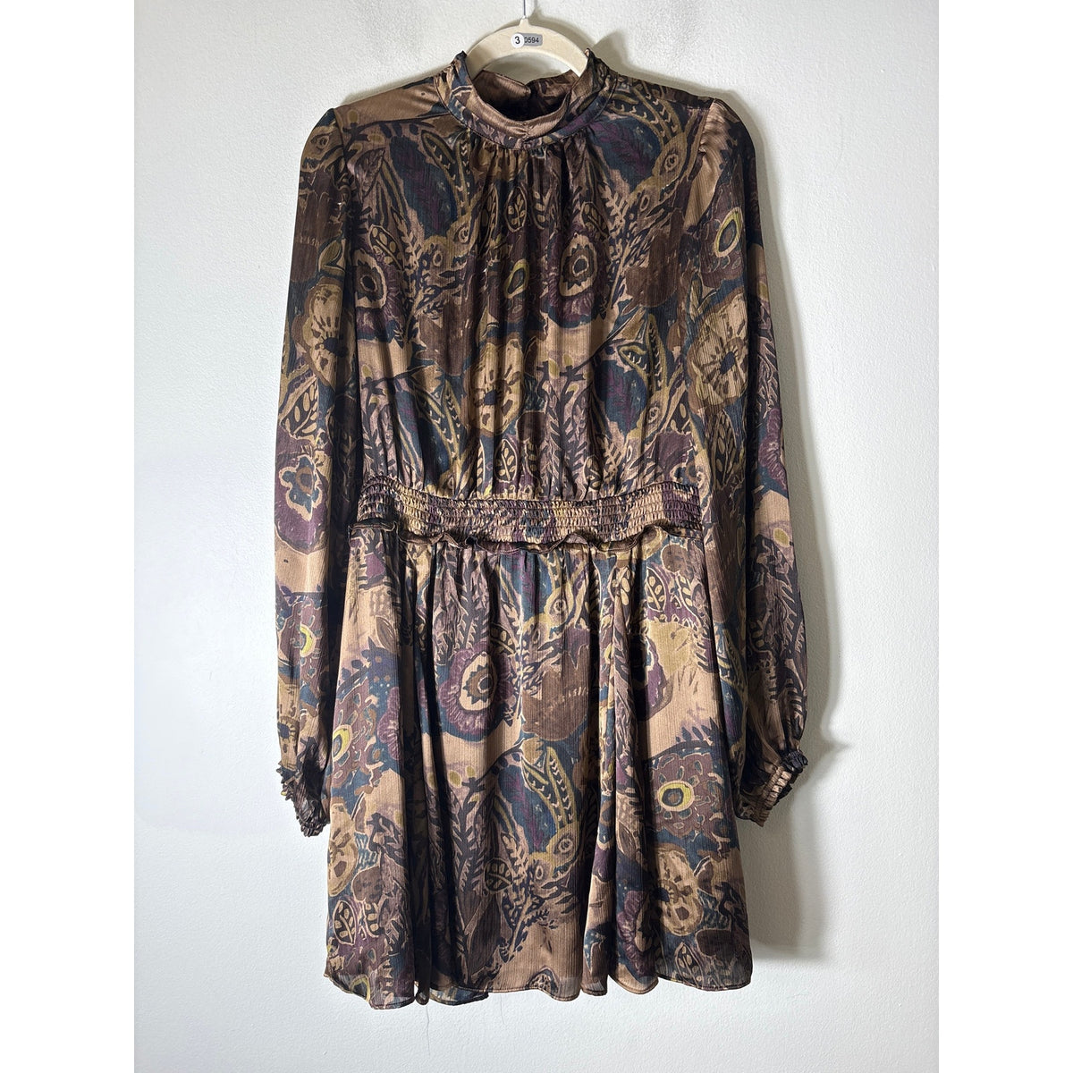 NWT Meloday Brown Long Sleeve Smocked Wasit Knee Length Dress Sz L