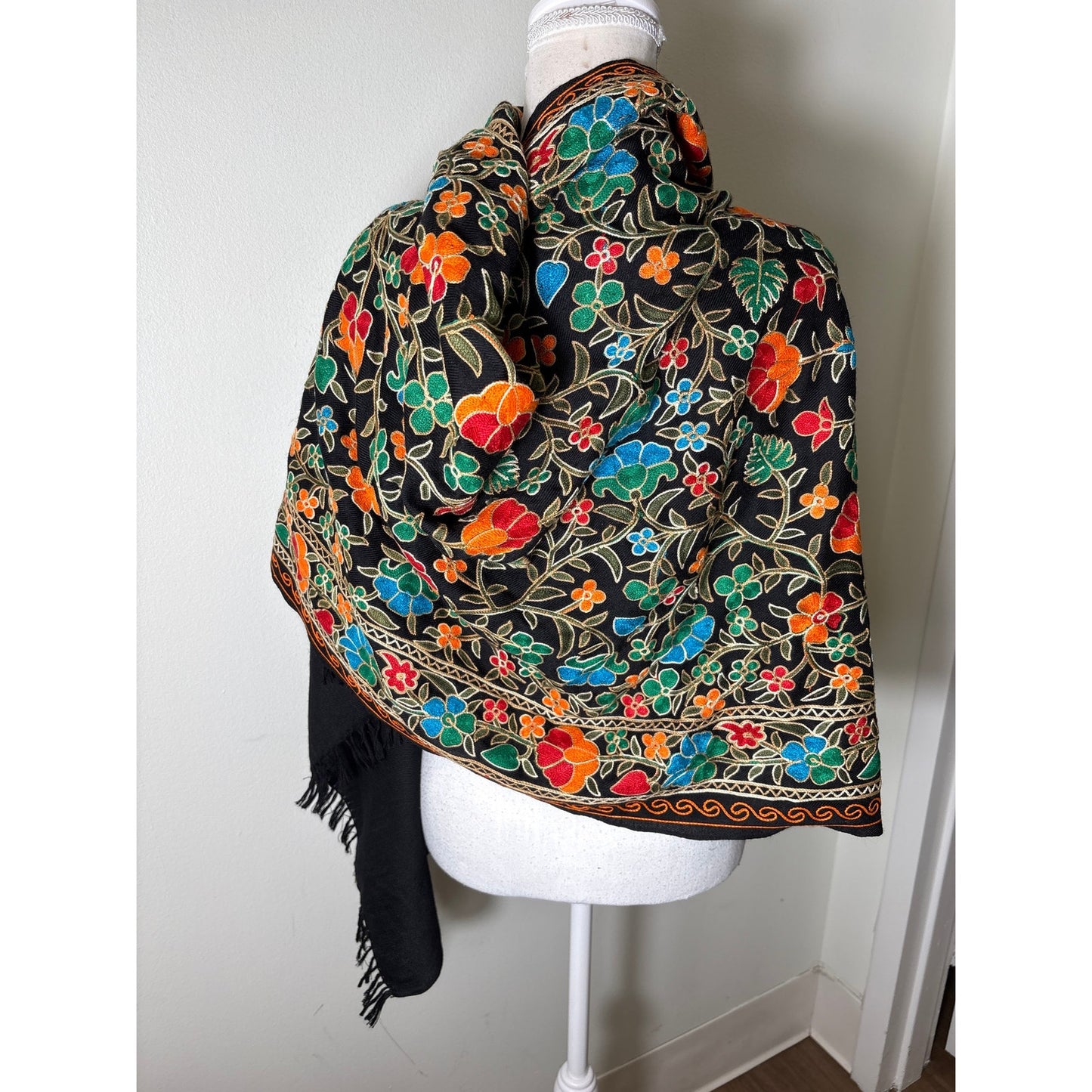 Black Multicolored Floral Embroidered Scarf