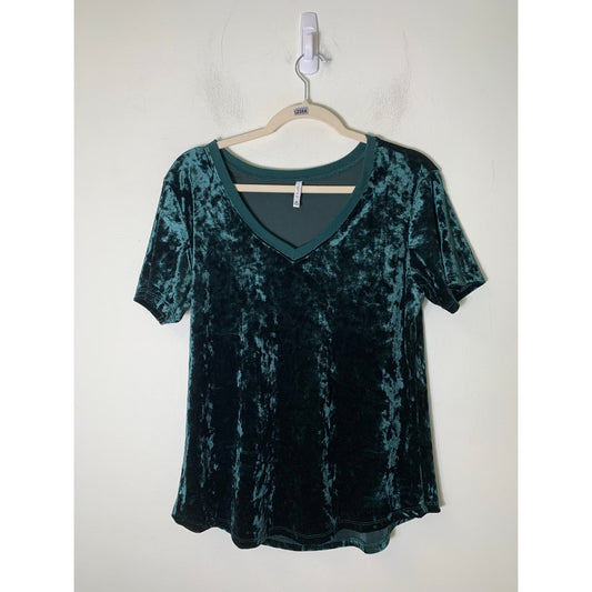 Z Supply Dark Green Velour Short Sleeve V-Neck Shirt Sz M