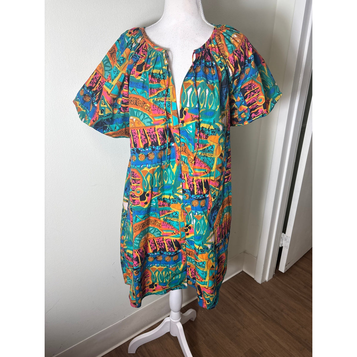 Cleobella Mulitcolor Half Puff Sleeve Button Up Knee Length Dress Sz L