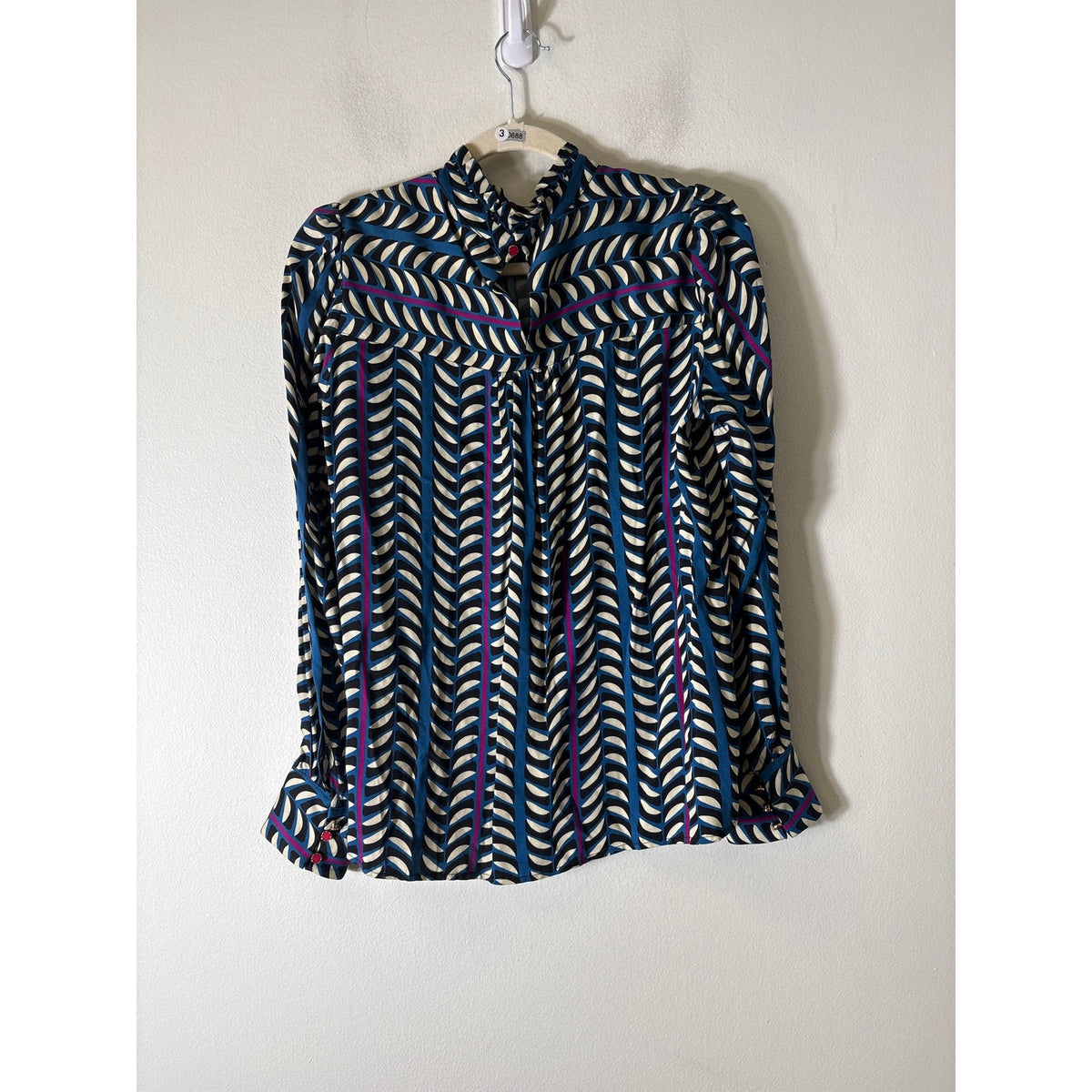 Bariloche Blue Black Geoprint Long Sleeve High Neck Blouse Sz M