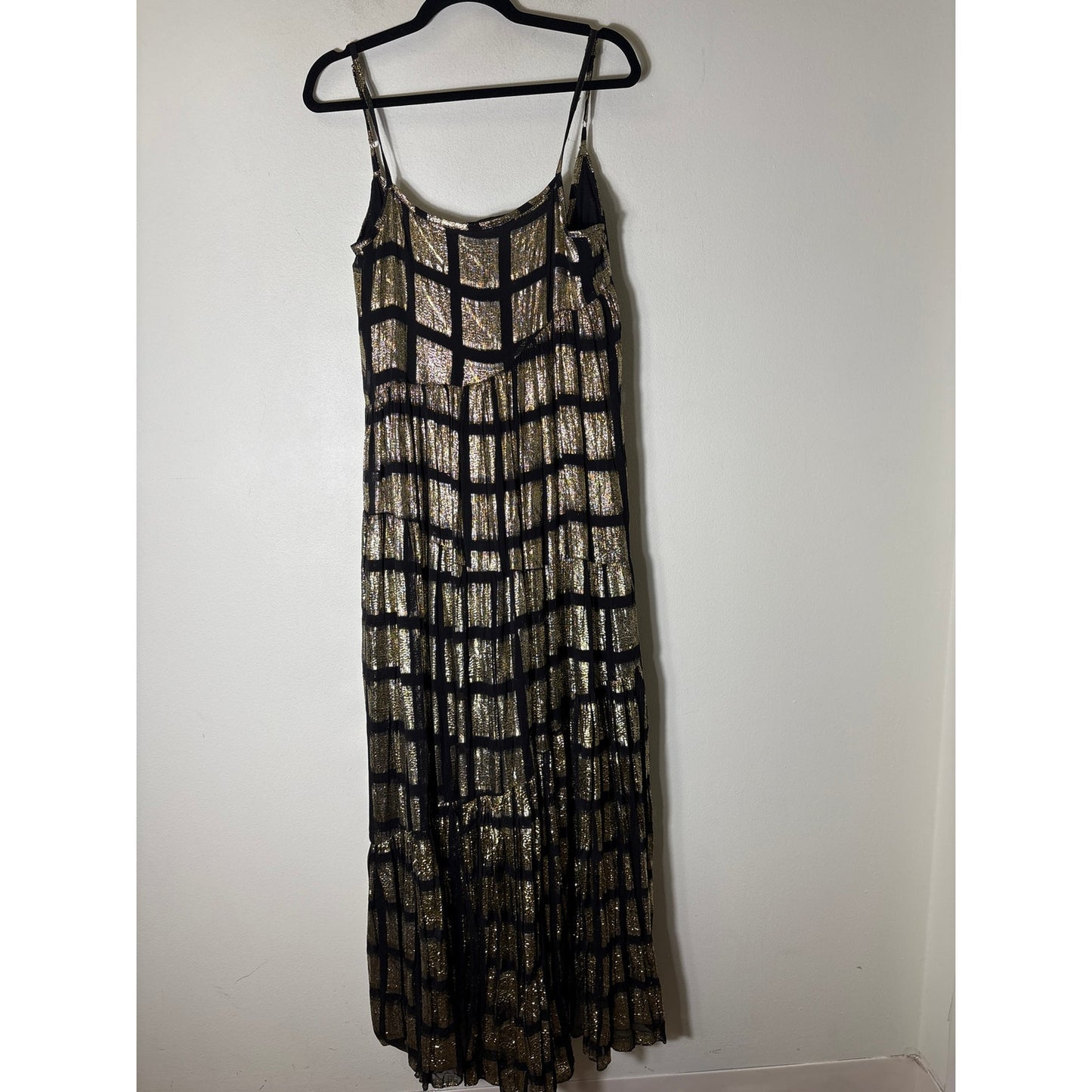 Muche et Muchette Gold Lame Black Checked Backless Maxi Dress Sz M