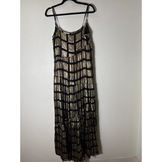 Muche et Muchette Gold Lame Black Checked Backless Maxi Dress Sz M
