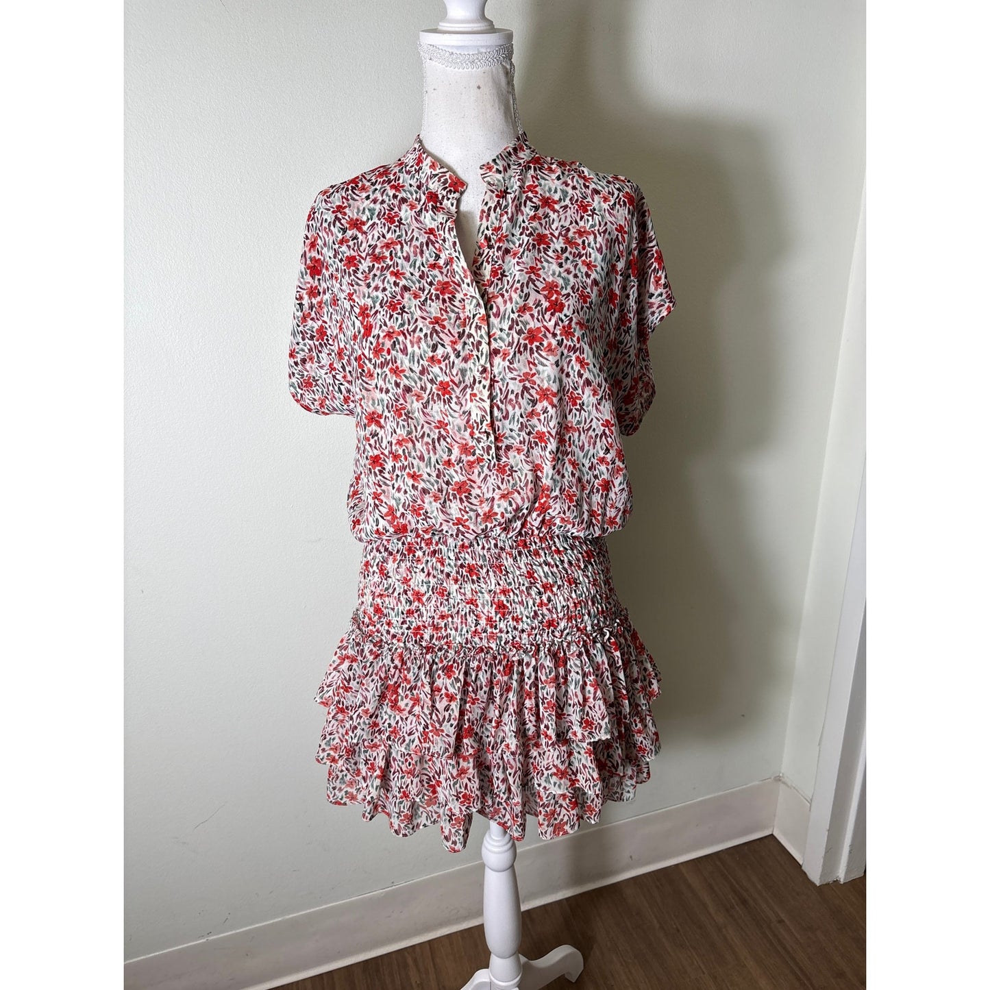 Misa Orange and Green Smocked Waist Ruffle Tiered Mini Dress Sz S