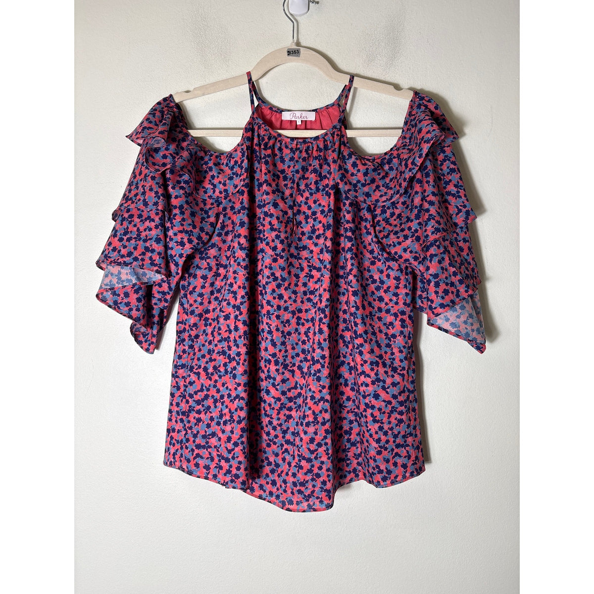 Parker Pink Blue Floral Cold Shoulder Half Sleeve Key Hole Top Sz S