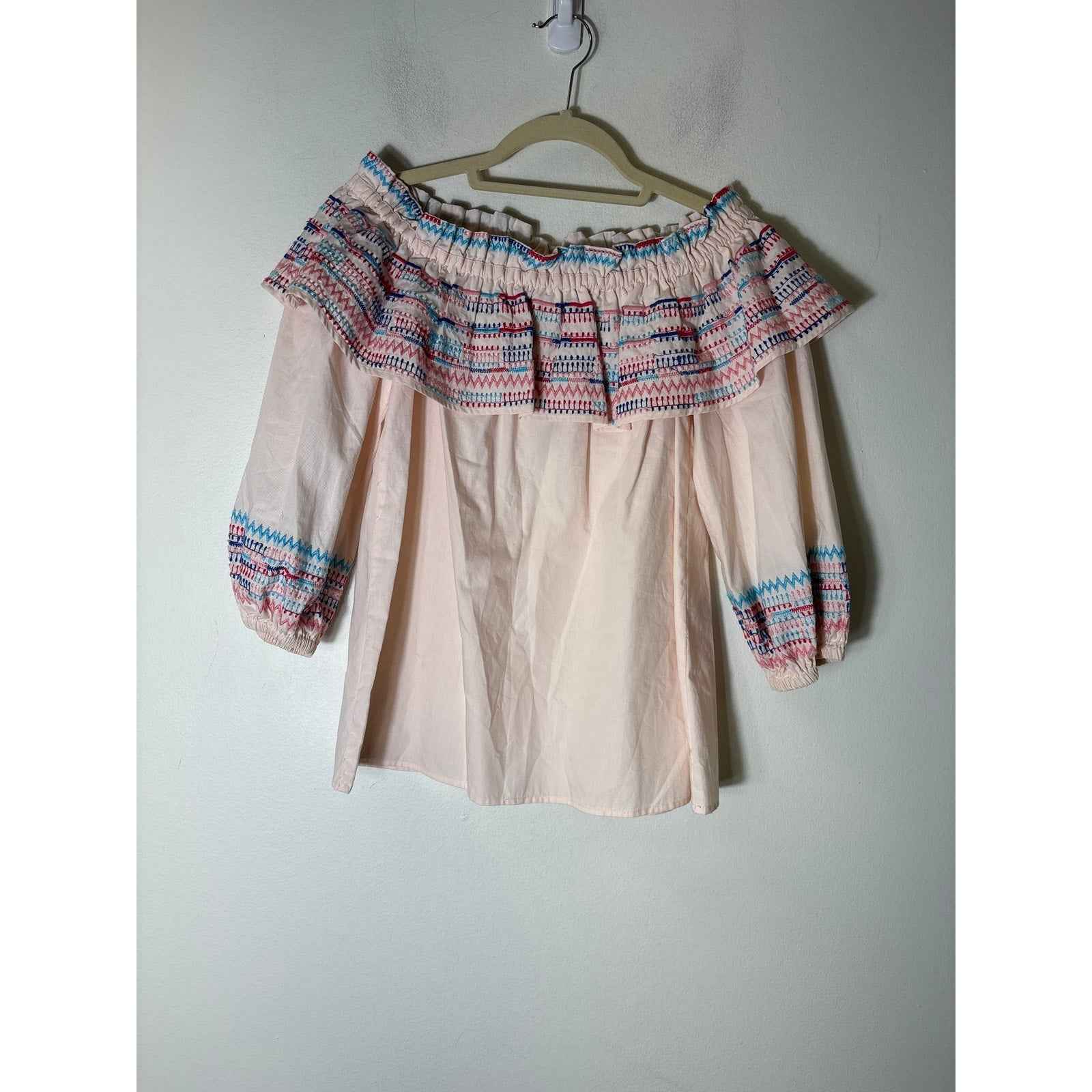 Parker Blush Pink Embroidered 3/4 Puff Sleeve Cotton Top Sz XS