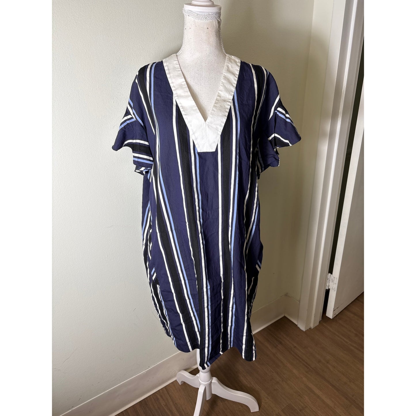 Pearl by Lela Rose Navy Blue Flutter Sleeve Cotton Tunic Dress Sz L