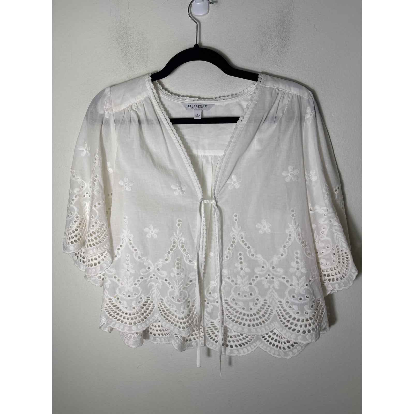 Liverpool Los Angeles White Half Sleeve Cotton Eyelet Cardigan Sz S