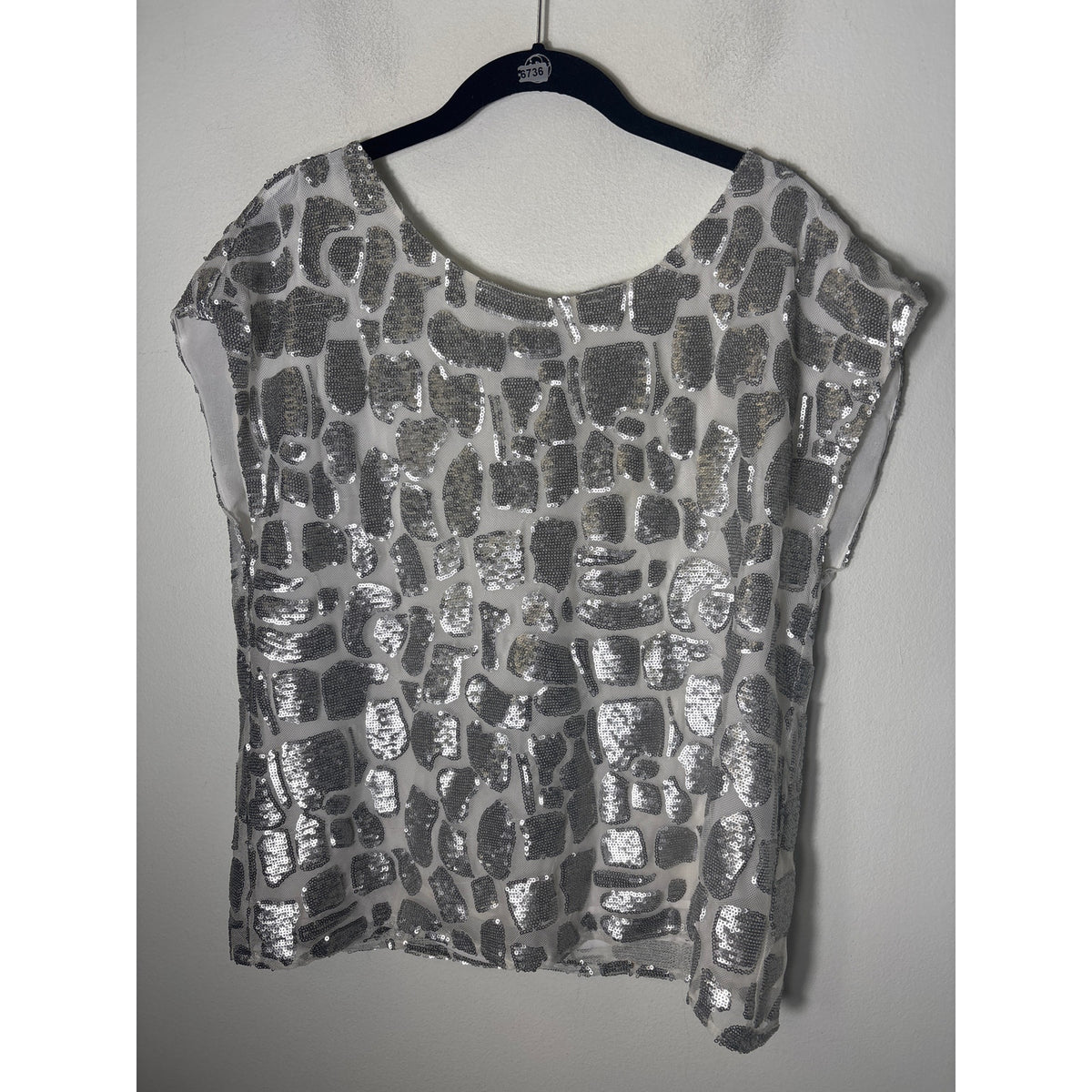 Vince Camuto Small Silver Sequin Cap Sleeve Mesh Shirt Sz M