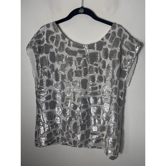 Vince Camuto Small Silver Sequin Cap Sleeve Mesh Shirt Sz M