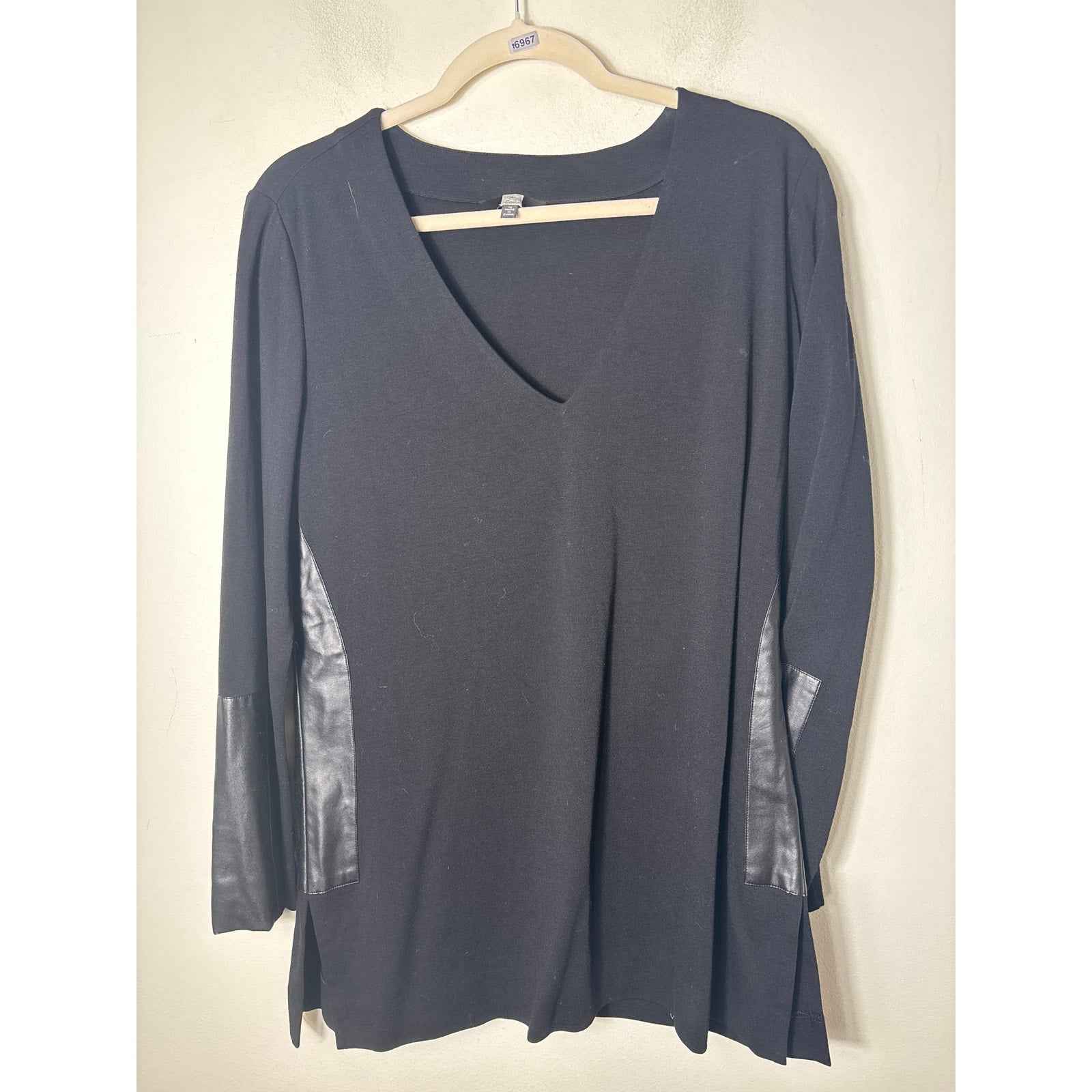 Saks 5th Ave Black Faux Leather Patched Long Sleeve Shirt Sz 12