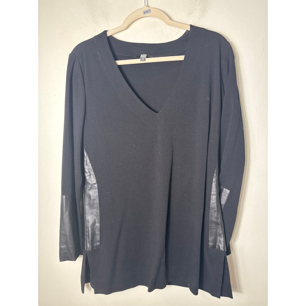 Saks 5th Ave Black Faux Leather Patched Long Sleeve Shirt Sz 12