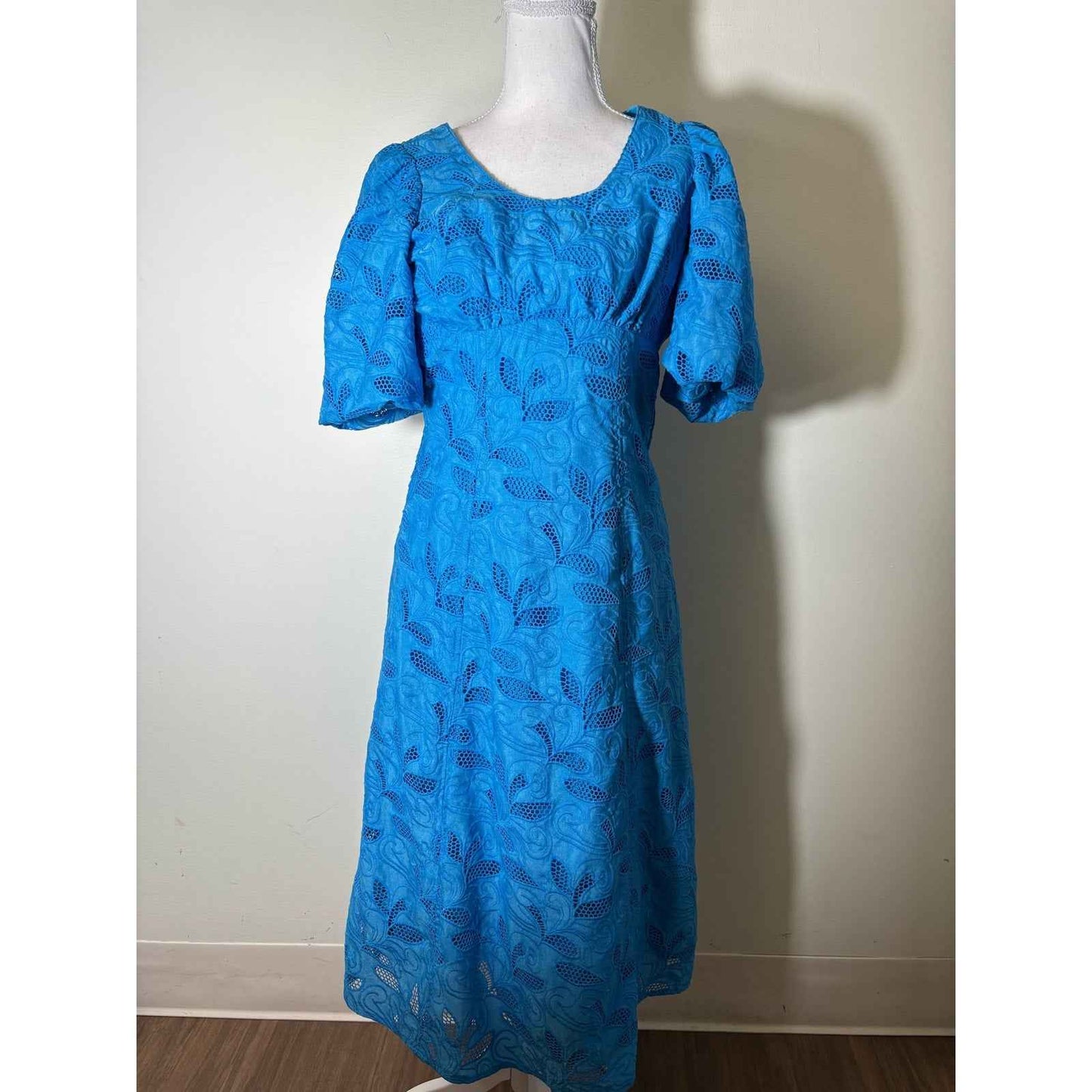 Hyacinth House Bright Blue Eyelet Puff  Sleeve Maxi Dress Sz XXS