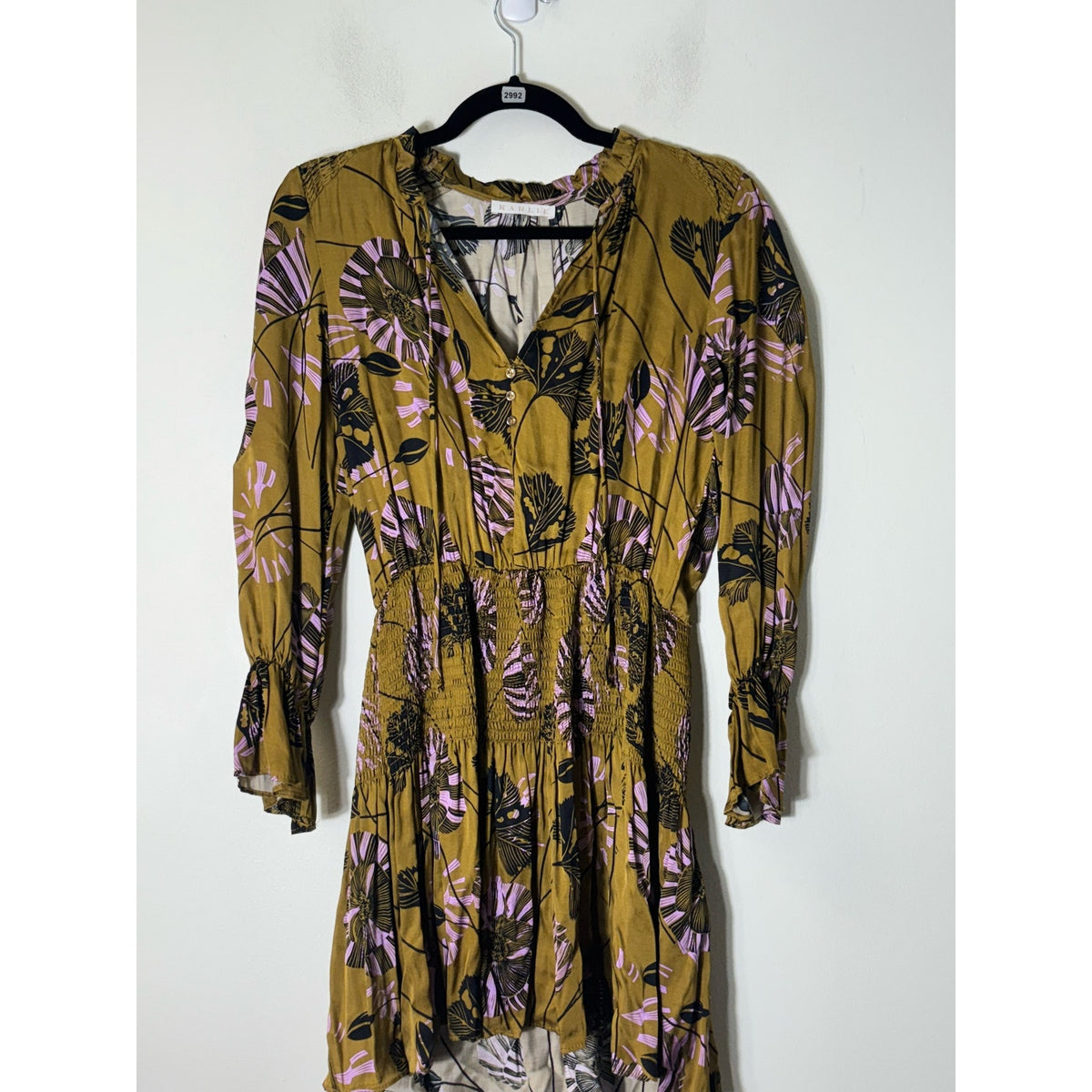 Karlie Gold Lavendar Long Sleeve Smocked Mini Dress Sz S