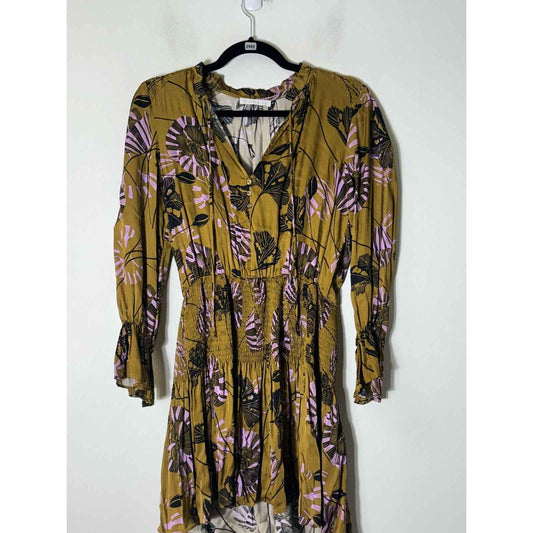 Karlie Gold Lavendar Long Sleeve Smocked Mini Dress Sz S