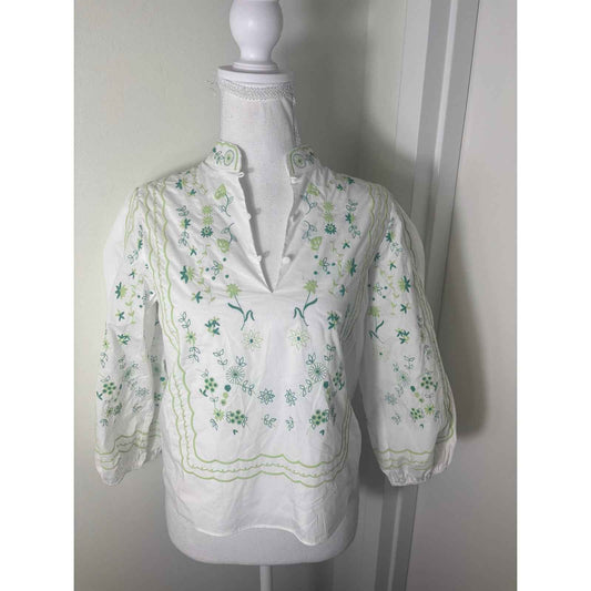 Hyacinth House Crisp Floral Embroidery Long Puff Sleeve Cotton Top Sz XXS