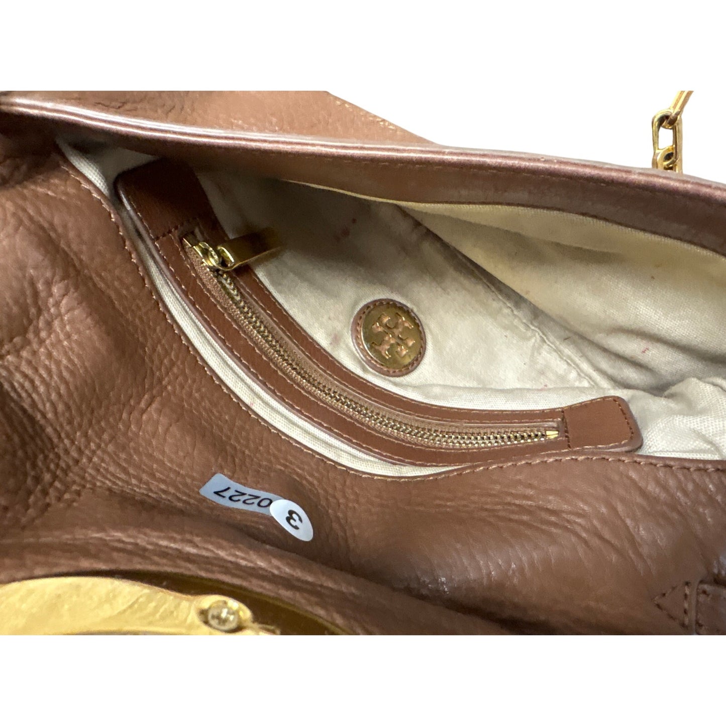 Tory Burch Brown and Gold Emblem Crossbody Bag Sz 11"7"