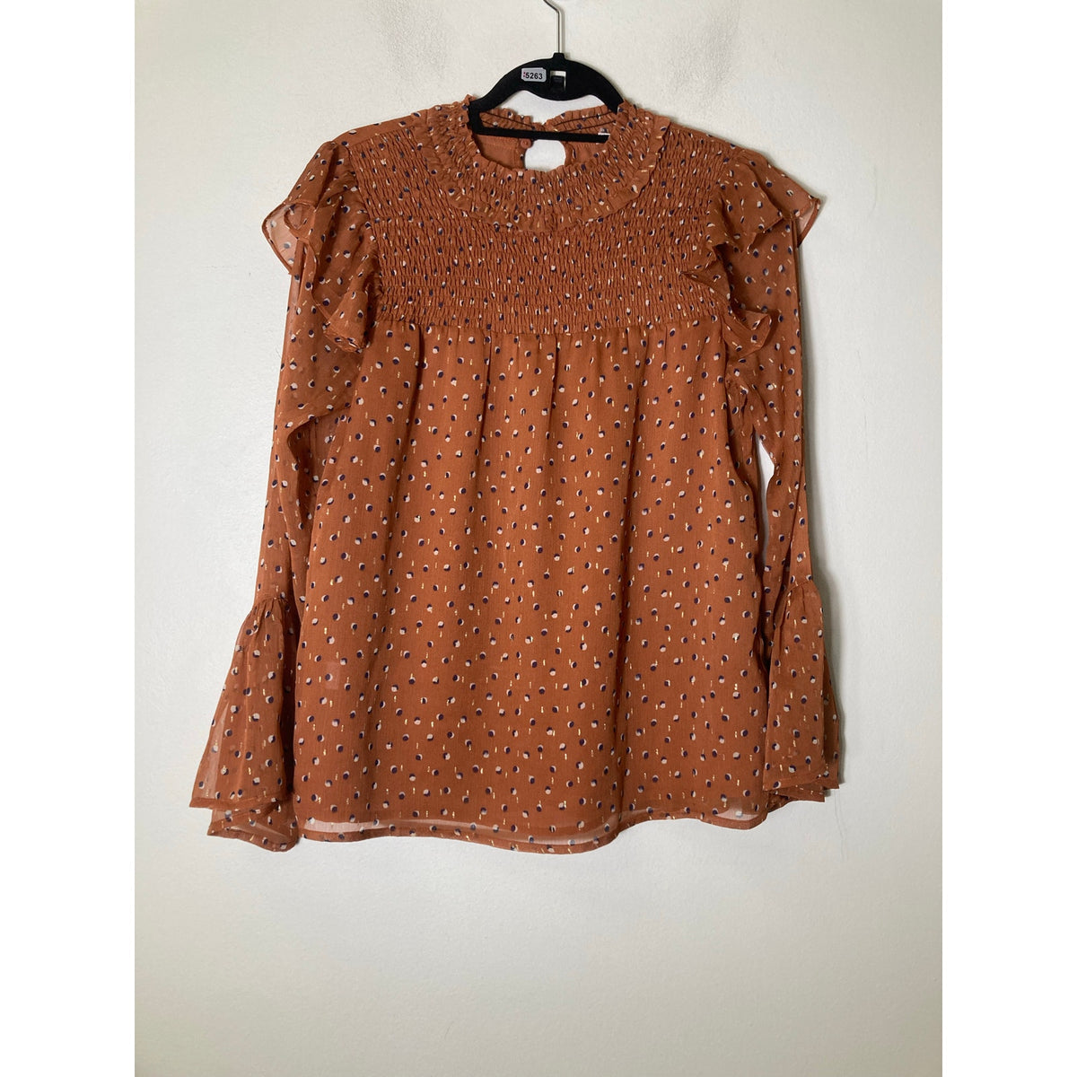 Jade Brown Navy Dot Smocked Chest Blosue Sz Xs