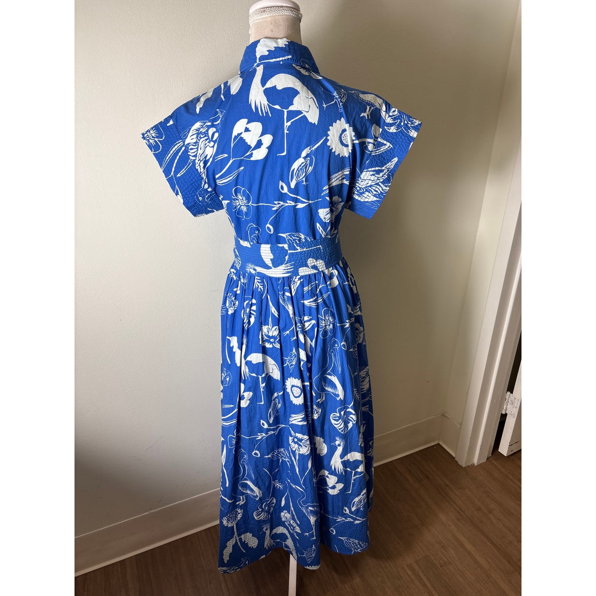 Oliphant Blue and White Bird Print Button Up Cotton Dress Sz XS