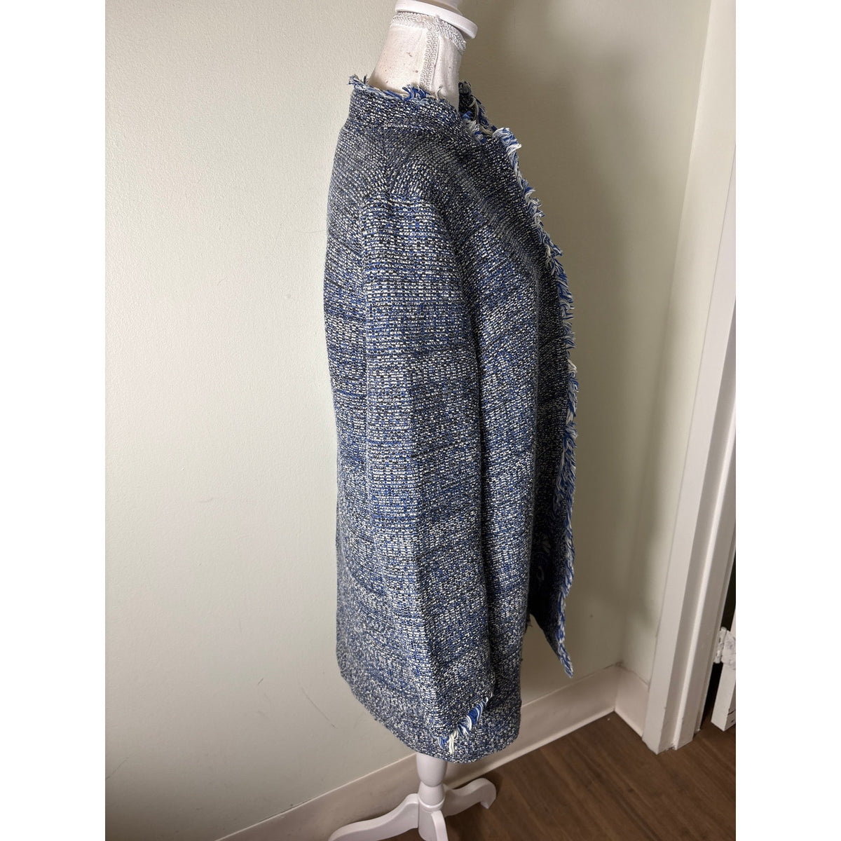 J.McLaughlin Blue and White Tween Fringed Coat Sz M