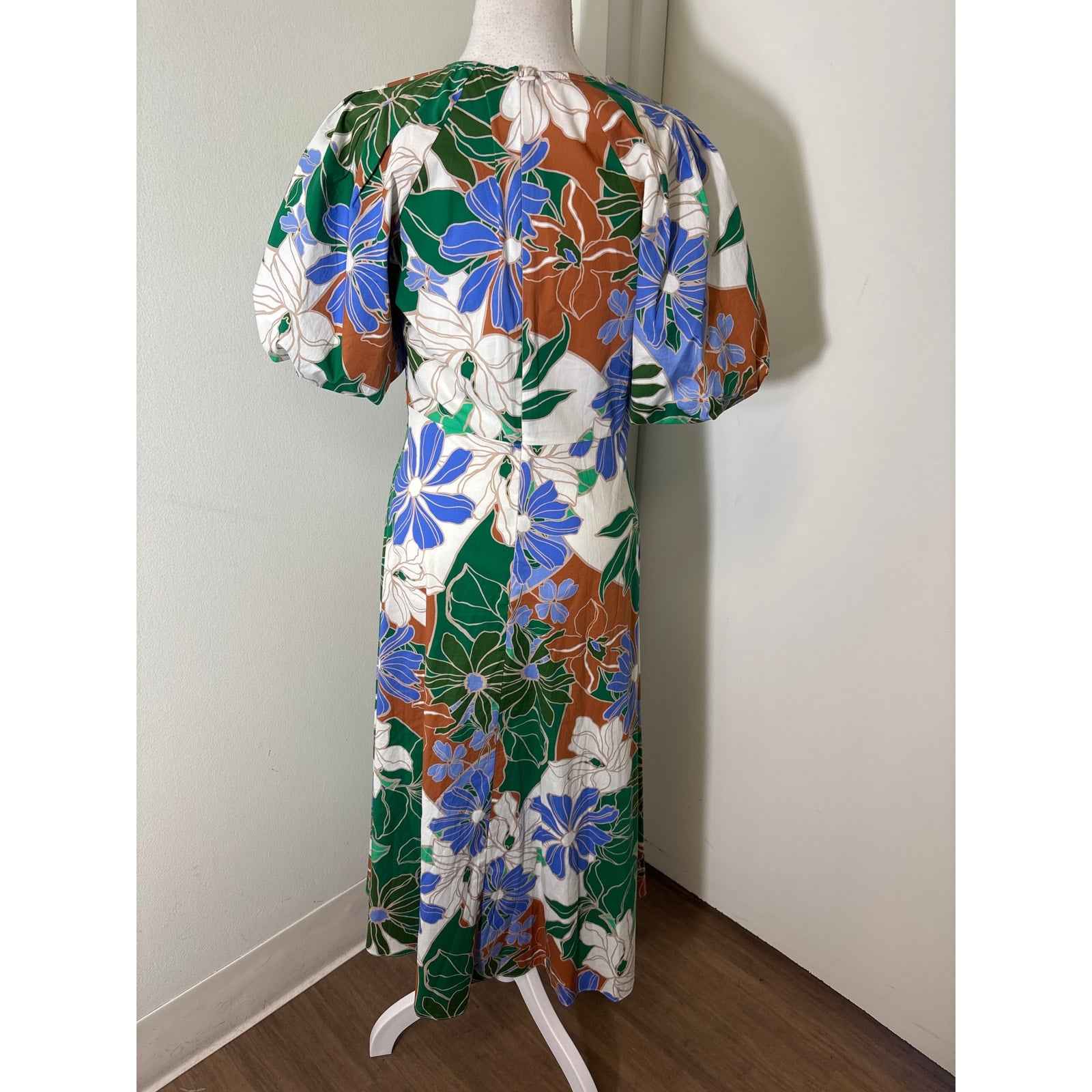 Shoshanna Green Tropical Print Puff Sleeve Cotton V-Neck Maxi Dress Sz 4