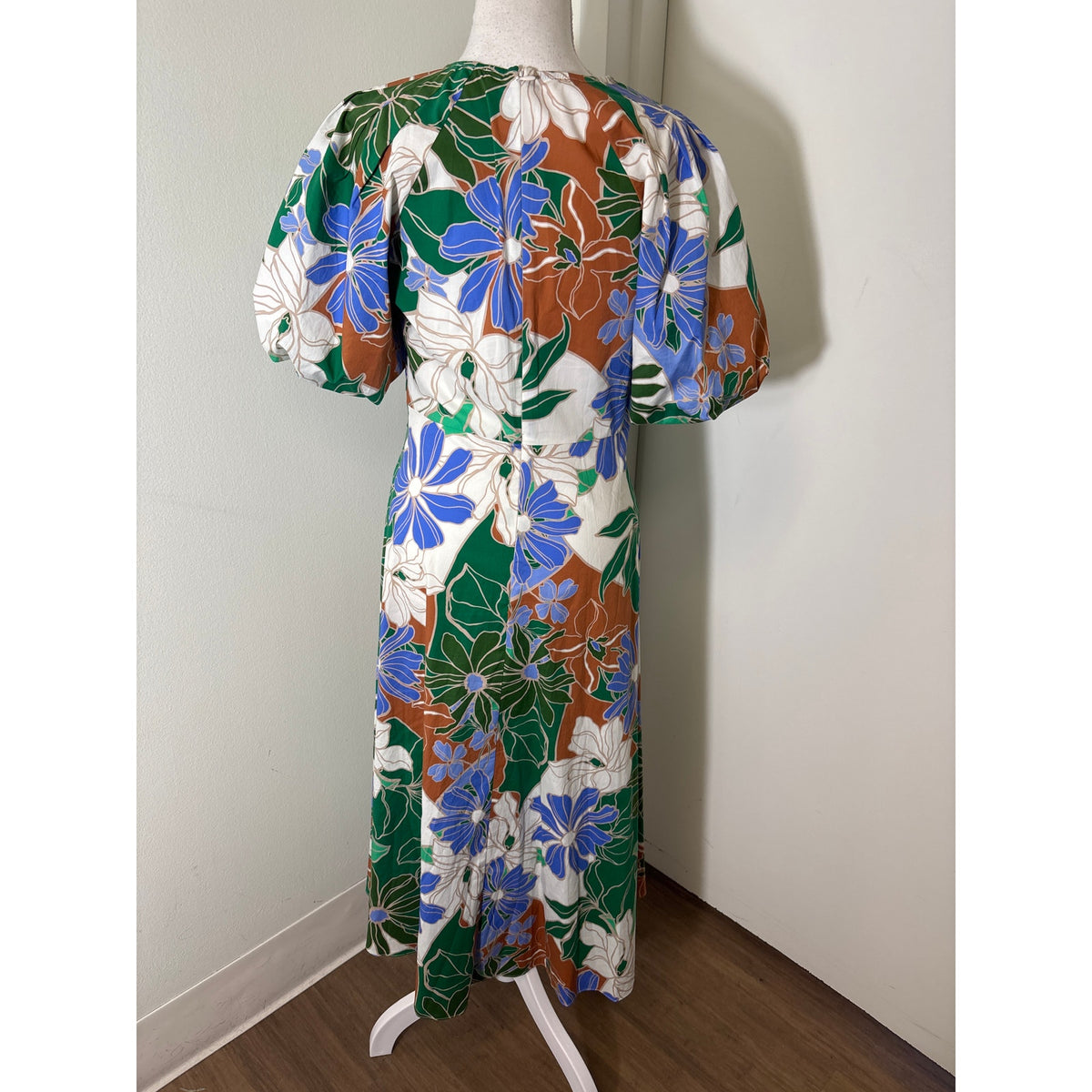 Shoshanna Green Tropical Print Puff Sleeve Cotton V-Neck Maxi Dress Sz 4