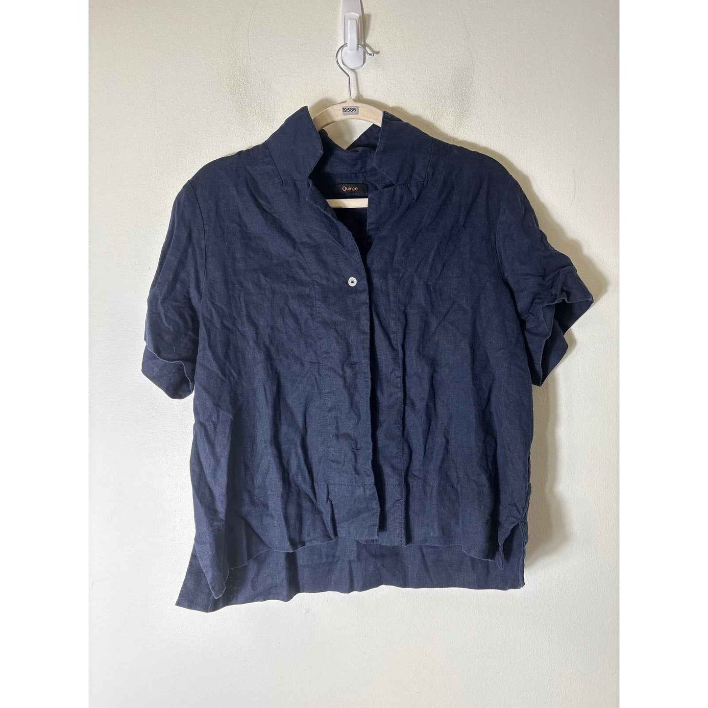Quince Navy Blue Short Sleeve linen Button UP Shirt Sz M